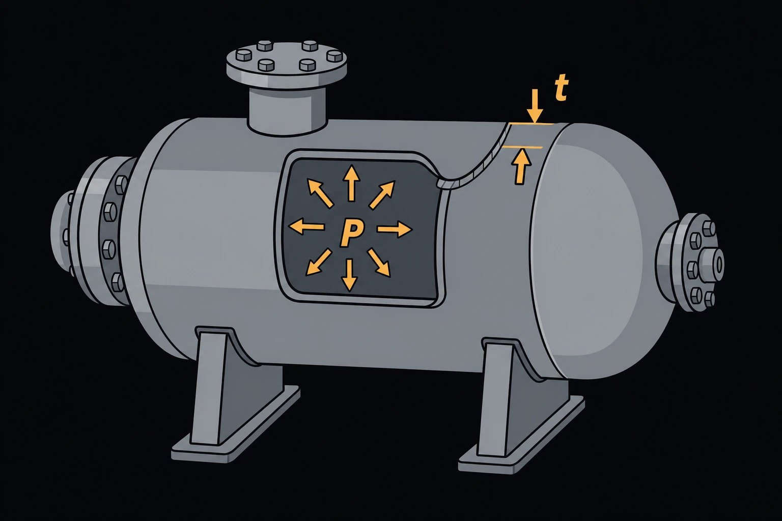 A pressure vessel with a cylindrical shell and an ellipsoidal head, a cutaway callout on the wall showing the shell's thickness t.