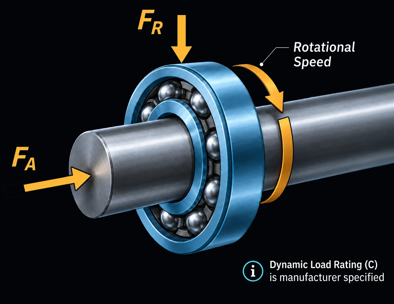 A ball bearing on a shaft, cut away to show the rolling elements. A radial load Fr presses down on the bearing, an axial load Fa pushes in along the shaft, and a curved arrow labeled Rotational Speed wraps around the shaft. A callout notes that the dynamic load rating C is manufacturer specified.