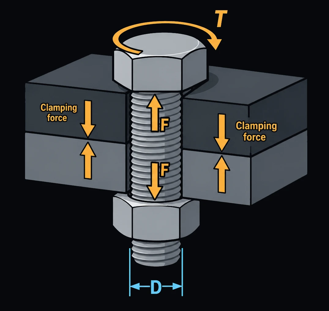 A bolted joint: a hex-head bolt passing through two clamped blocks and threaded into a hex nut, with torque T applied at the bolt head, the resulting clamping force shown as opposing arrows through the joint, axial preload F shown along the bolt shank, and the nominal bolt diameter D called out at the threaded end.