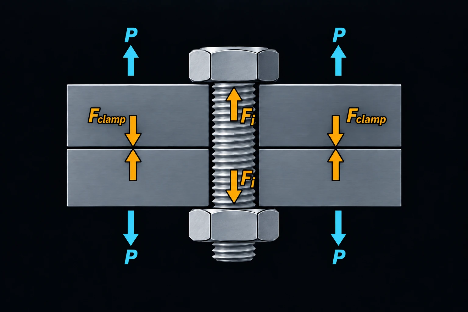 A cutaway of two clamped steel plates joined by a single bolt and nut, amber arrows on the bolt shank showing the preload Fi, amber arrows squeezing the plates together labeled Fclamp, and cyan arrows labeled P pulling the plates apart along the bolt axis to show the external load.