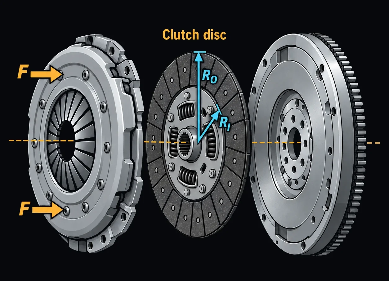 An exploded clutch assembly showing the pressure plate with clamping force F arrows, the friction clutch disc with outer radius Ro and inner radius Ri labeled, and the flywheel, all on a common axis.