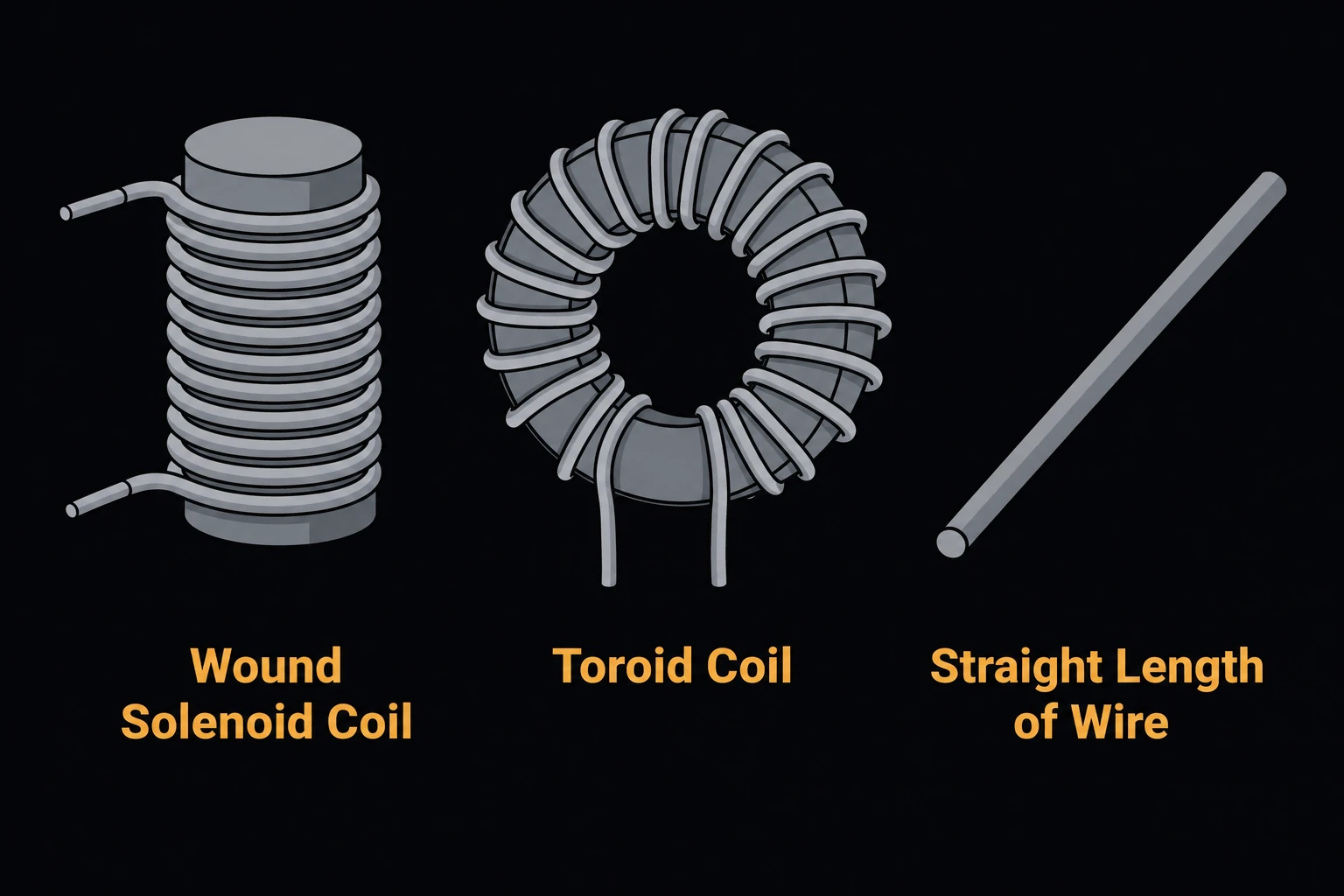 Three small inductor forms arranged side by side and labeled: a wound solenoid coil, a donut-shaped toroid coil, and a straight length of wire.