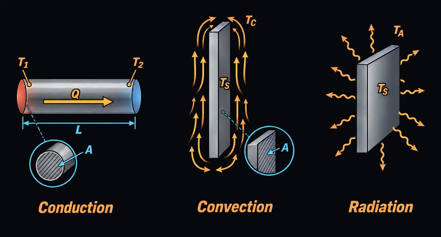 Three heat-transfer modes side by side. Conduction: a bar of length L and cross-section area A with end temperatures T1 and T2 and heat flow Q along it. Convection: a vertical plate of surface area A at surface temperature Ts with fluid at temperature Tc flowing past it. Radiation: a plate at surface temperature Ts radiating to surroundings at temperature Ta.