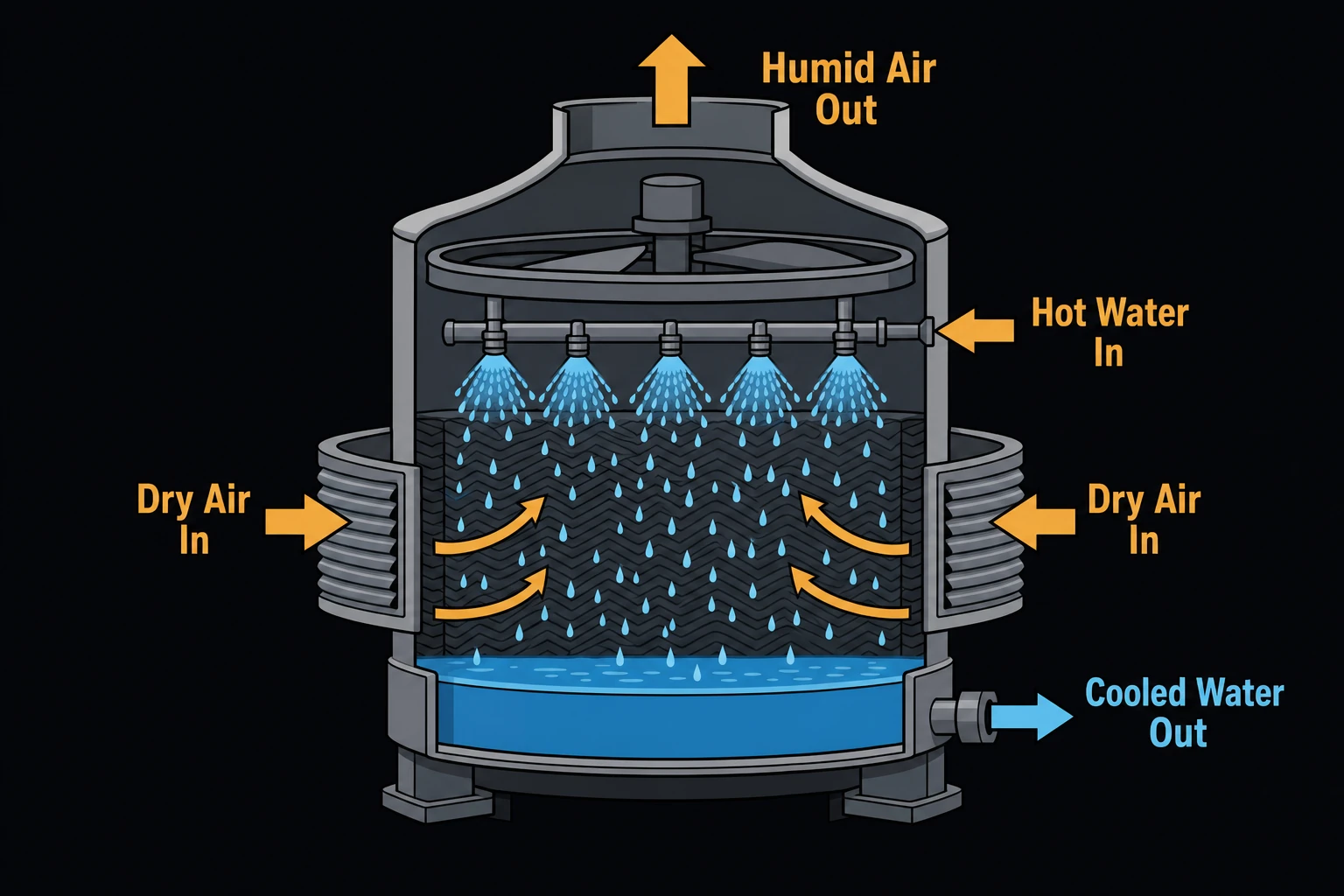 A cooling tower cutaway with hot water spraying down from the top, air drawn in through the sides, humid air exiting the top, and cooled water collecting in a basin at the bottom.