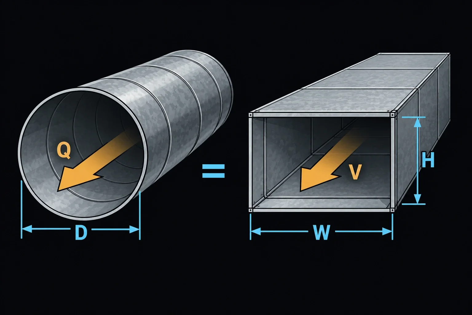 A round galvanized duct of diameter D carrying airflow Q, shown as equal to a rectangular duct of width W and height H with air velocity V: the equivalent rectangular duct of the same friction.