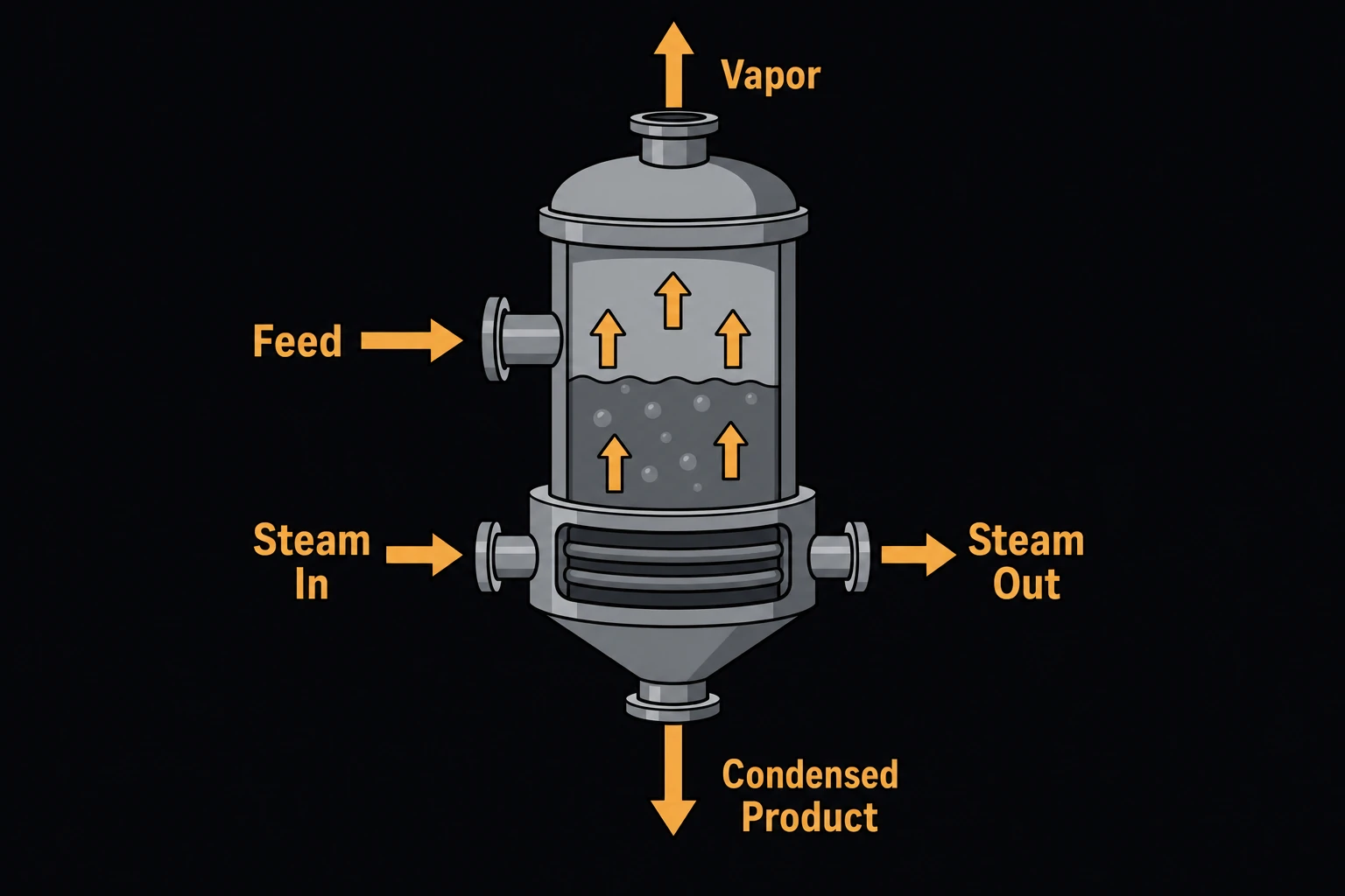An evaporator vessel with feed entering the side, a steam chest heating jacket at the bottom, vapor rising and leaving through the top, and concentrated product draining from the bottom.