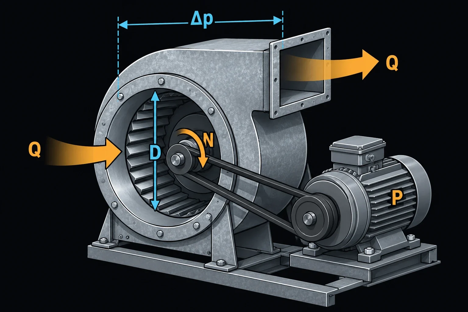 A belt-driven centrifugal fan: airflow Q enters the inlet and leaves the outlet, the wheel diameter D is marked across the inlet, a curved arrow N shows the fan speed on its pulley, a bracket Δp spans inlet to outlet for the fan pressure, and the motor is labelled P for power.