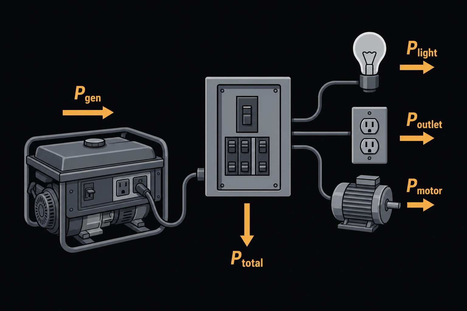 A portable generator connected by cables to a small electrical panel feeding household loads and a motor.