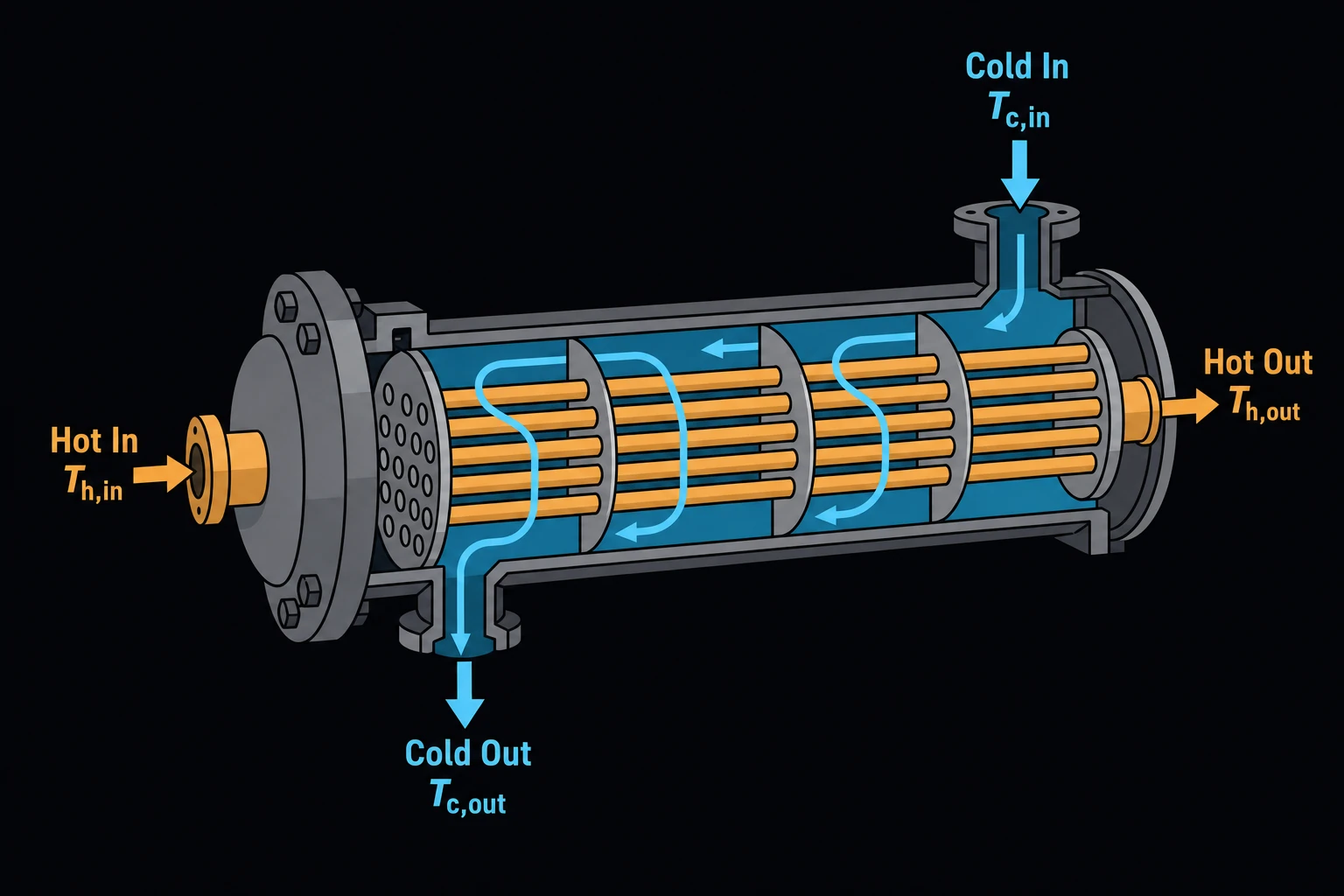 A shell-and-tube heat exchanger cutaway with a hot fluid stream (amber) flowing through the tube bundle and a cold fluid stream (cyan) flowing through the shell side, inlet and outlet temperatures labeled on each stream.