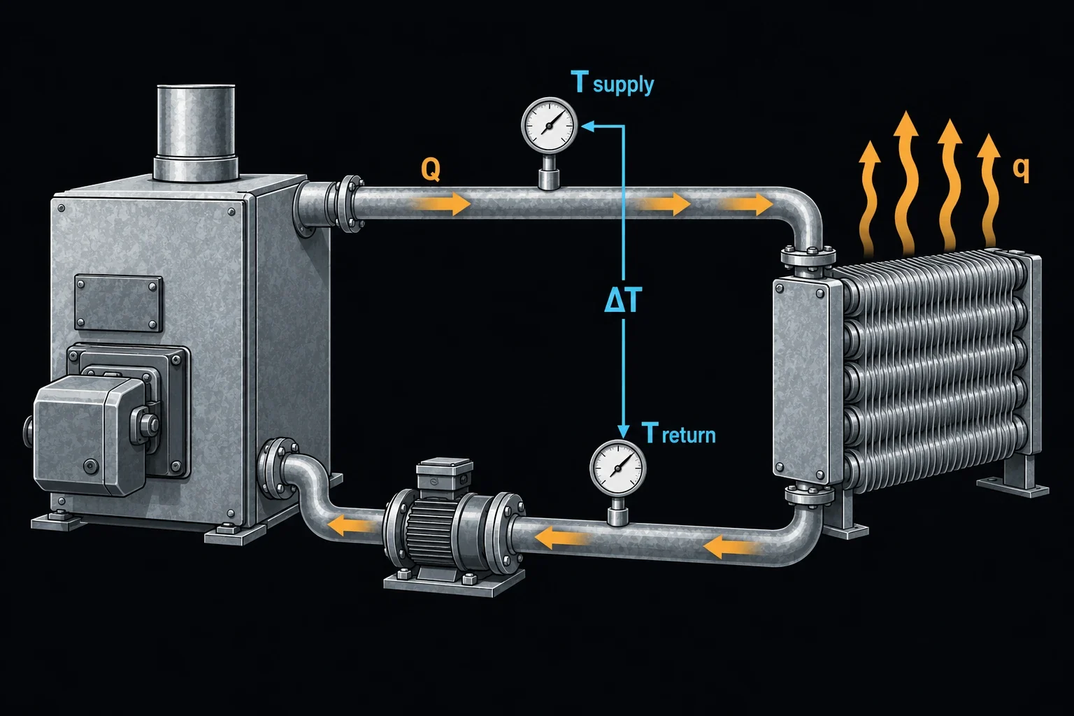 A hydronic heating loop: a boiler sends water along the supply pipe (flow Q, with a thermometer for T supply) to a finned radiator that gives off heat q, and a pump returns it along the return pipe (thermometer T return); a bracket between the two thermometers marks the temperature difference ΔT.