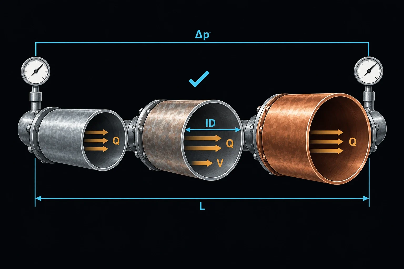 Three pipe sections of increasing size, from steel to copper, each carrying flow Q; the middle one, marked with a check as the recommended size, shows its inside diameter ID and velocity V; pressure gauges at the two ends of the run of length L are joined by a bracket labelled Δp.