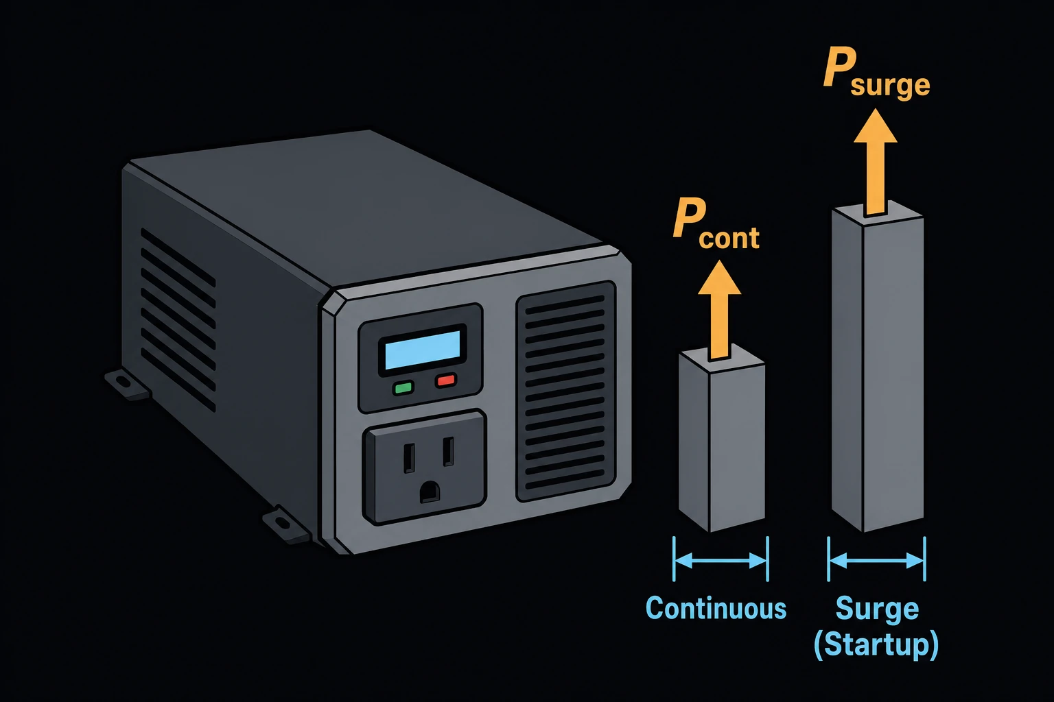 A power inverter box with two output-rating bars beside it, a shorter one labeled continuous and a taller one labeled surge (startup).
