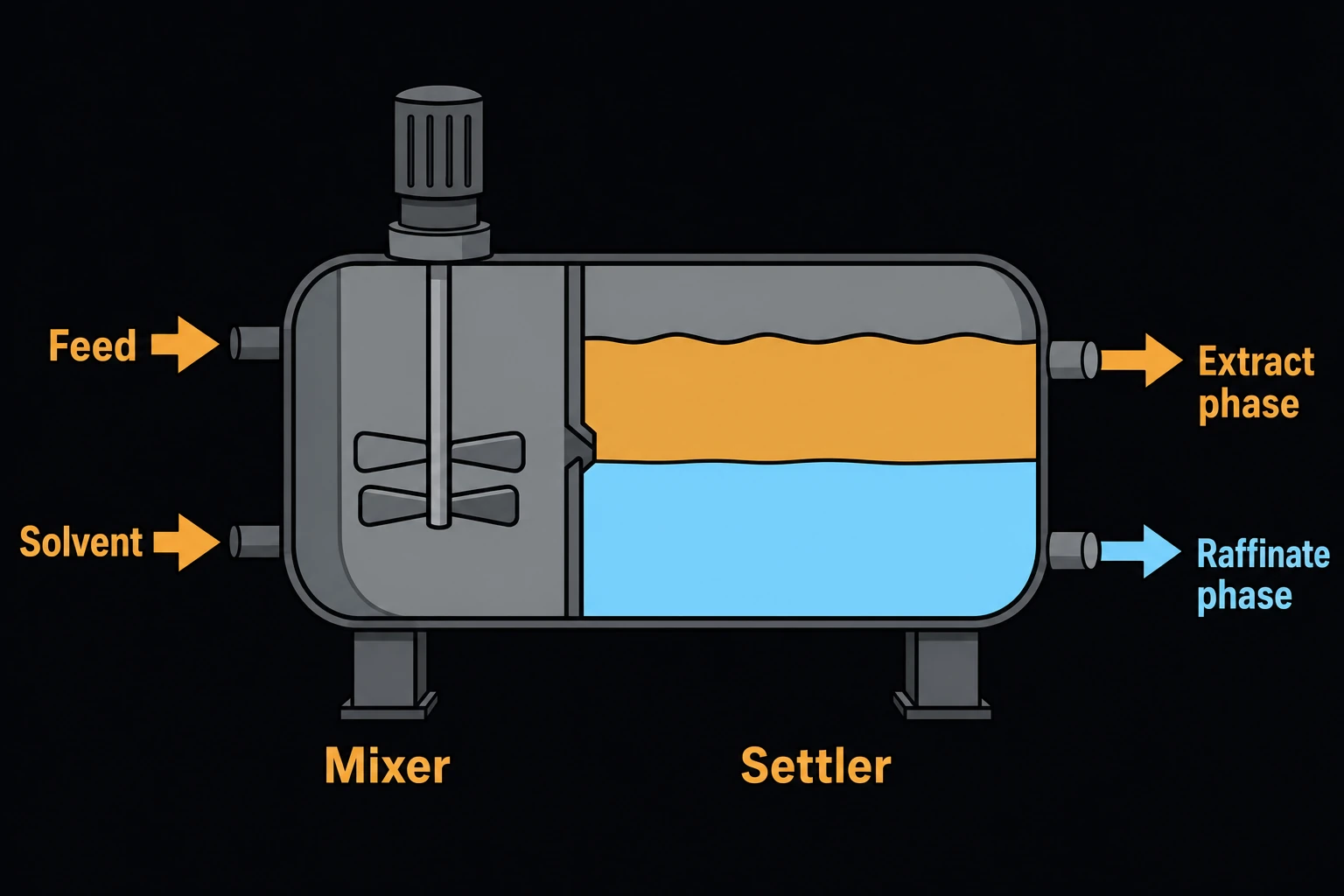 A mixer-settler vessel with two immiscible liquid layers separating, an extract-phase arrow leaving one side and a raffinate-phase arrow leaving the other.