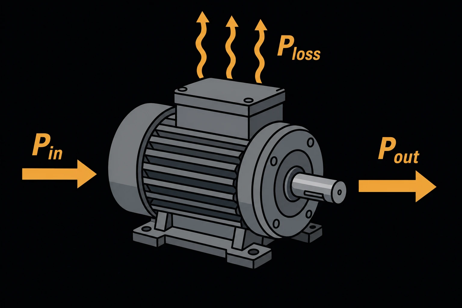 A motor block with an electrical power arrow Pin entering one side and a mechanical power arrow Pout leaving the output shaft, wavy heat-loss lines labeled Ploss escaping the housing.