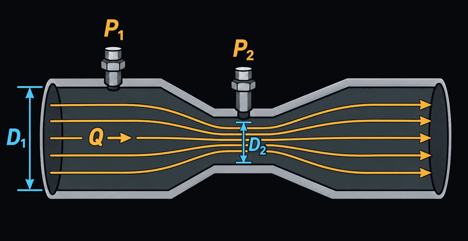 A Venturi meter cutaway: flow Q enters the full-diameter pipe D1, narrows to the throat D2 and widens again, with streamlines through it, and pressure taps P1 upstream and P2 at the throat.