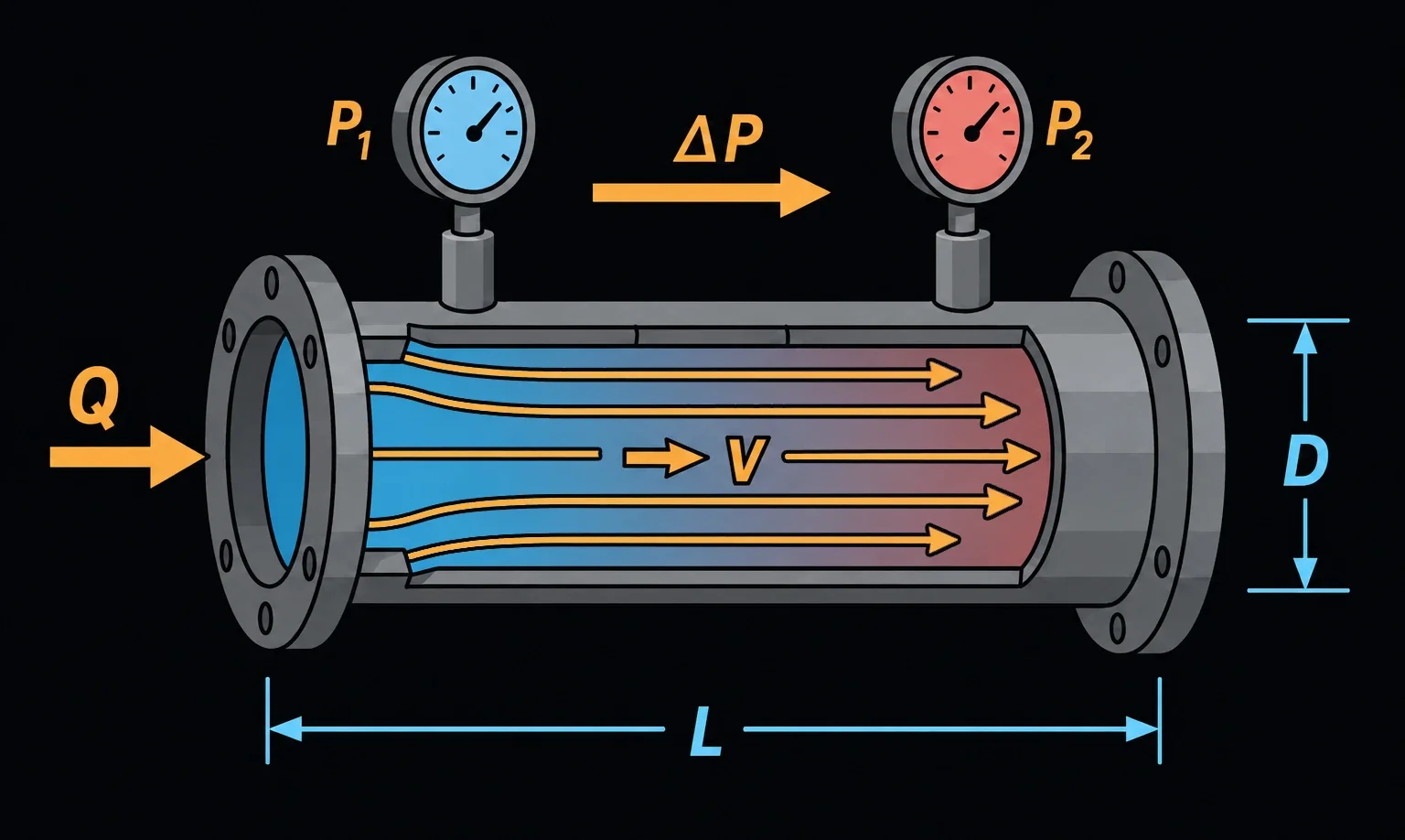 A flanged pipe cutaway with fluid streamlines flowing through it at velocity V and flow rate Q, inlet and outlet pressure gauges P1 and P2 with the pressure drop ΔP arrow between them, and dimension lines for pipe length L and inside diameter D.