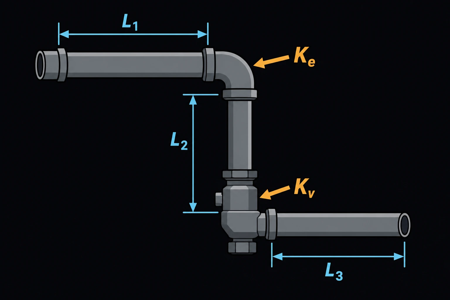 A pipe run with a 90-degree elbow fitting and an inline valve fitting, each labeled K, connected by straight pipe segments labeled with length L.