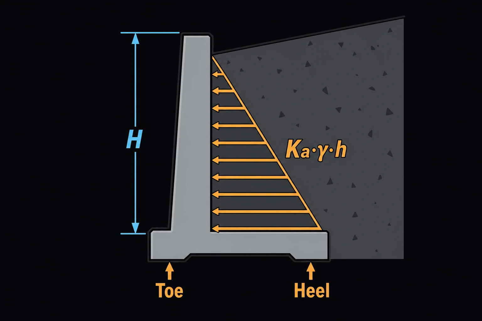 A cantilever concrete retaining wall holding back a sloped soil backfill, a triangular lateral earth-pressure distribution (Ka·γ·h) pressing against its back face, wall height H dimensioned, toe and heel labeled at the base footing.