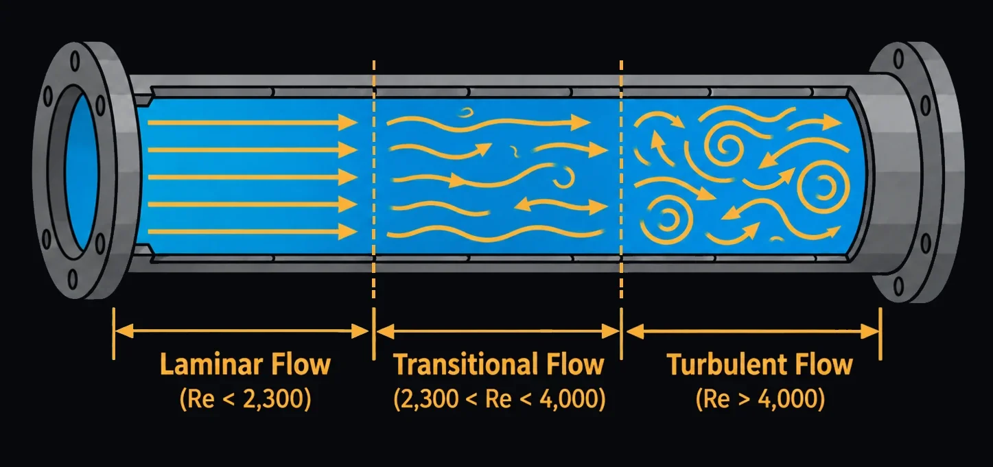 A flanged pipe cutaway showing smooth parallel streamlines for laminar flow (Re < 2,300), wavy streamlines for transitional flow (2,300 < Re < 4,000) and swirling eddies for turbulent flow (Re > 4,000).