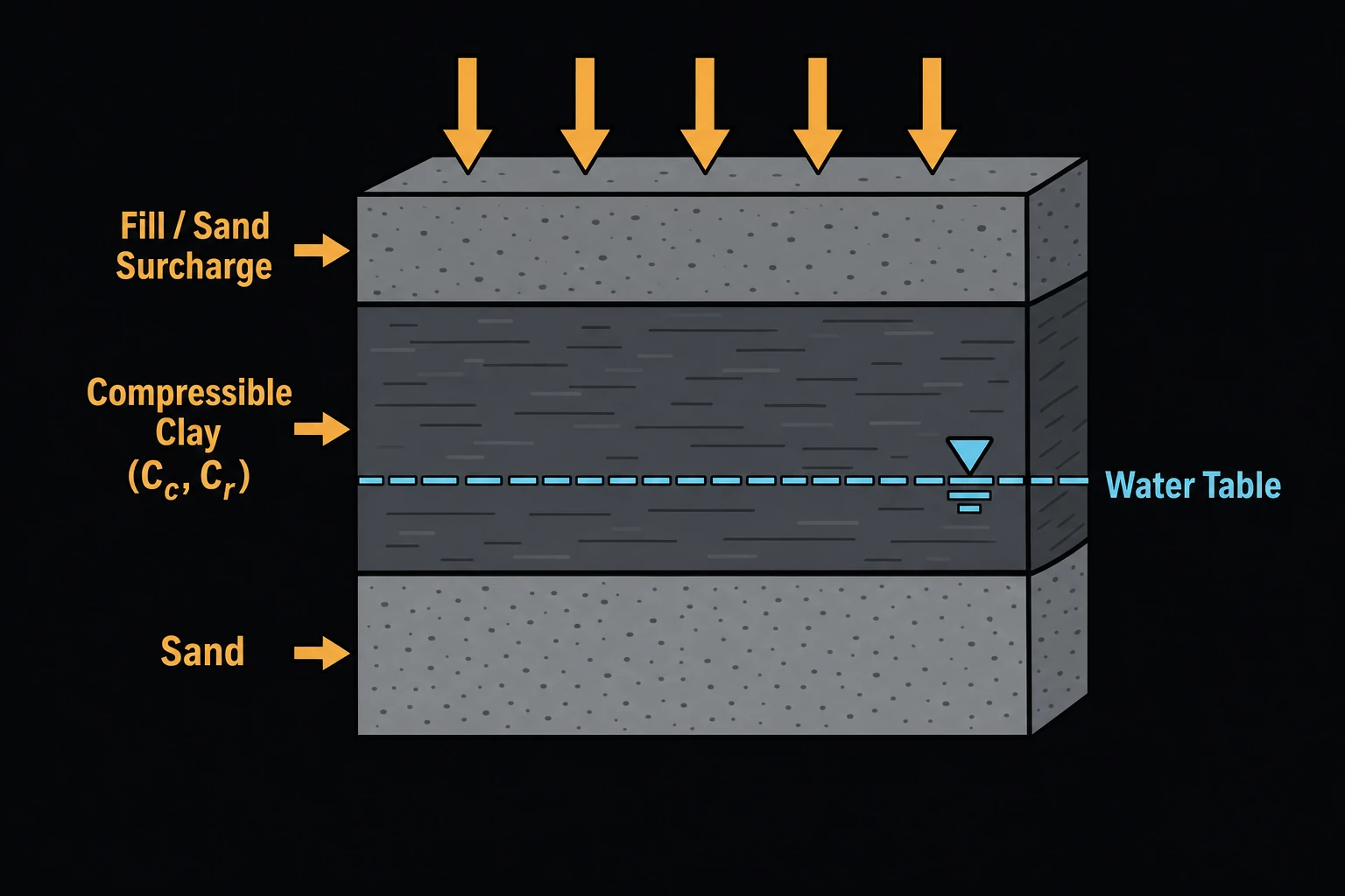 A soil profile cross-section with a fill/sand surcharge layer on top, a compressible clay layer beneath it labeled with Cc and Cr, a sand layer below that, and a water table line marked partway down.