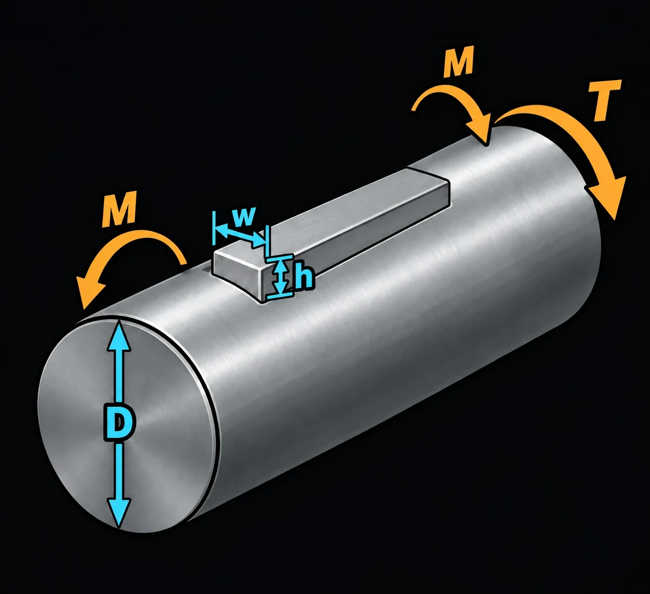 A round shaft with a square key seated in a keyway slot machined into its top surface. Curved arrows labeled M at the two ends turn in opposite directions, bending the shaft, and a curved arrow labeled T wraps around one end for the torque. Dimension callouts mark the shaft diameter D, and the key's width w and height h.