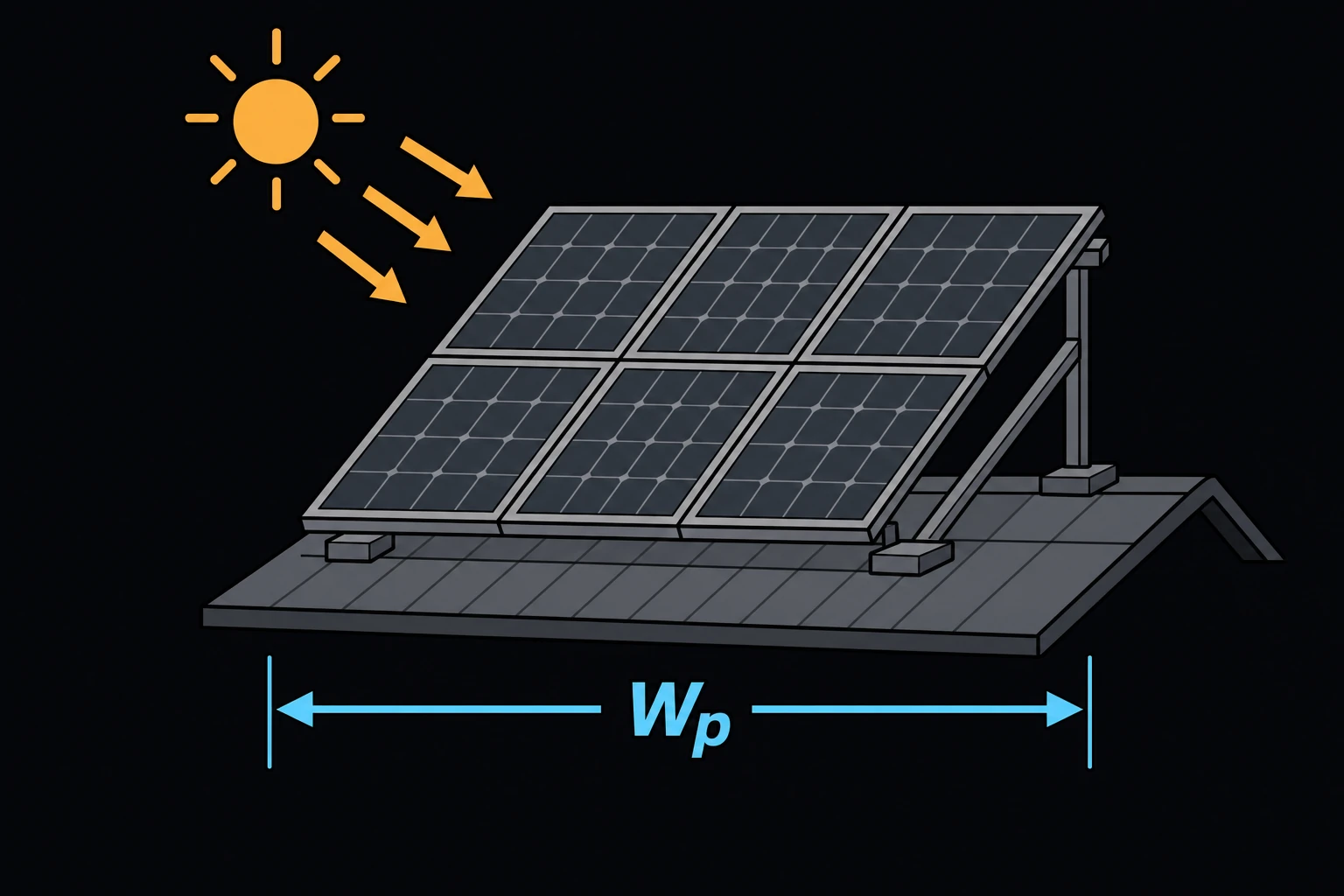 A rooftop array of solar panels angled toward the sun, the array's total wattage Wp labeled beneath it.