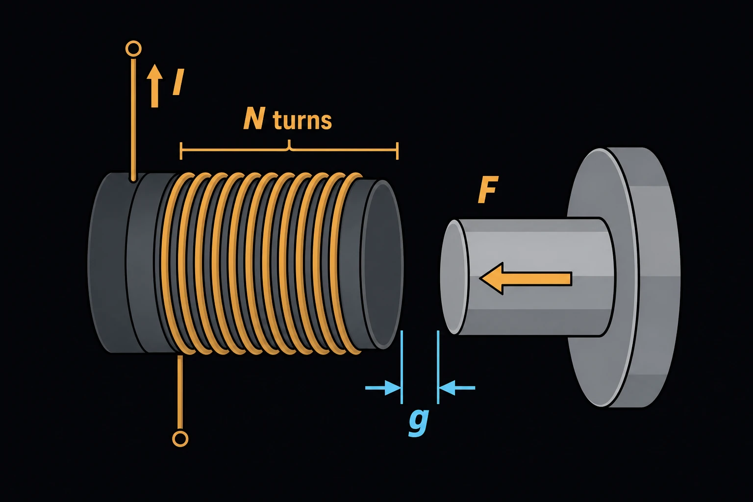 A solenoid coil labeled with N turns and current I, a metal plunger armature separated from it by an air gap g, and a force arrow F pulling the plunger toward the coil.