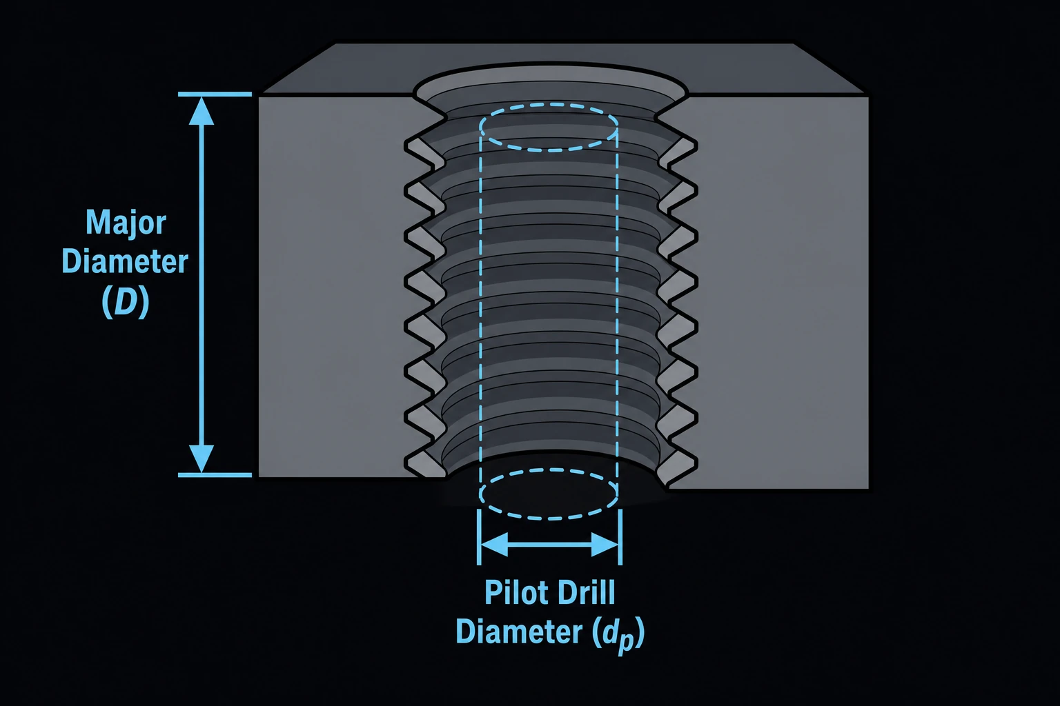 A cutaway of a tapped hole in a metal block, showing the full thread profile (major diameter) cut into the hole wall with a ghosted smaller circle inside it representing the original pilot drill hole.