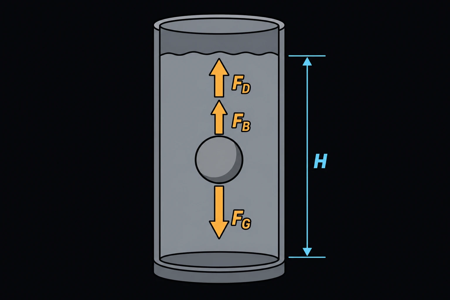 A small spherical particle sinking through a column of fluid, force arrows labeled gravity FG pulling down and drag FD and buoyancy FB pushing up against it.