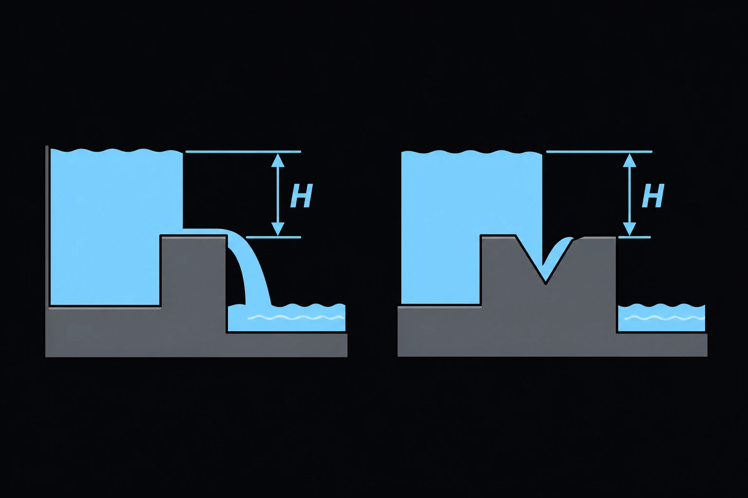 Two small weir profiles side by side, water flowing over a rectangular weir crest and over a V-notch weir crest, each with the upstream head H dimensioned above the crest.