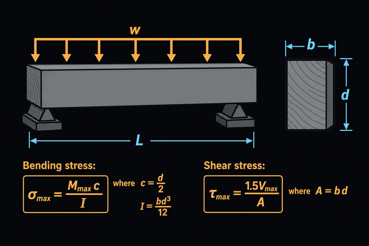 A rectangular wood beam under a uniform load w along its top, cross-section callout showing width b and depth d, the bending stress and shear stress formulas noted beside it.